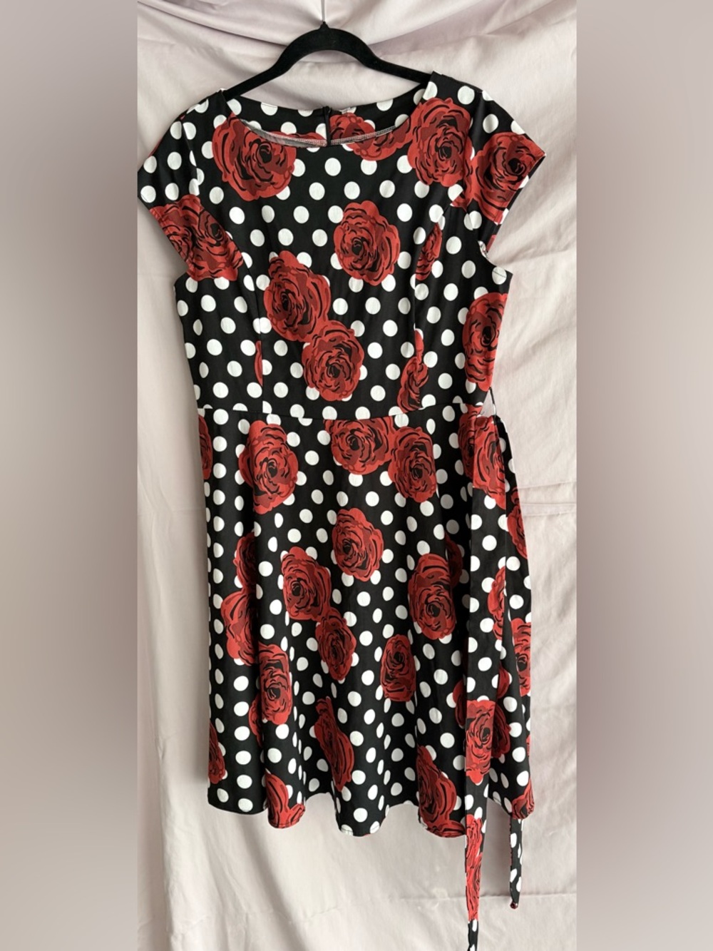 Black Polka Dot Dress with Red Rose Print